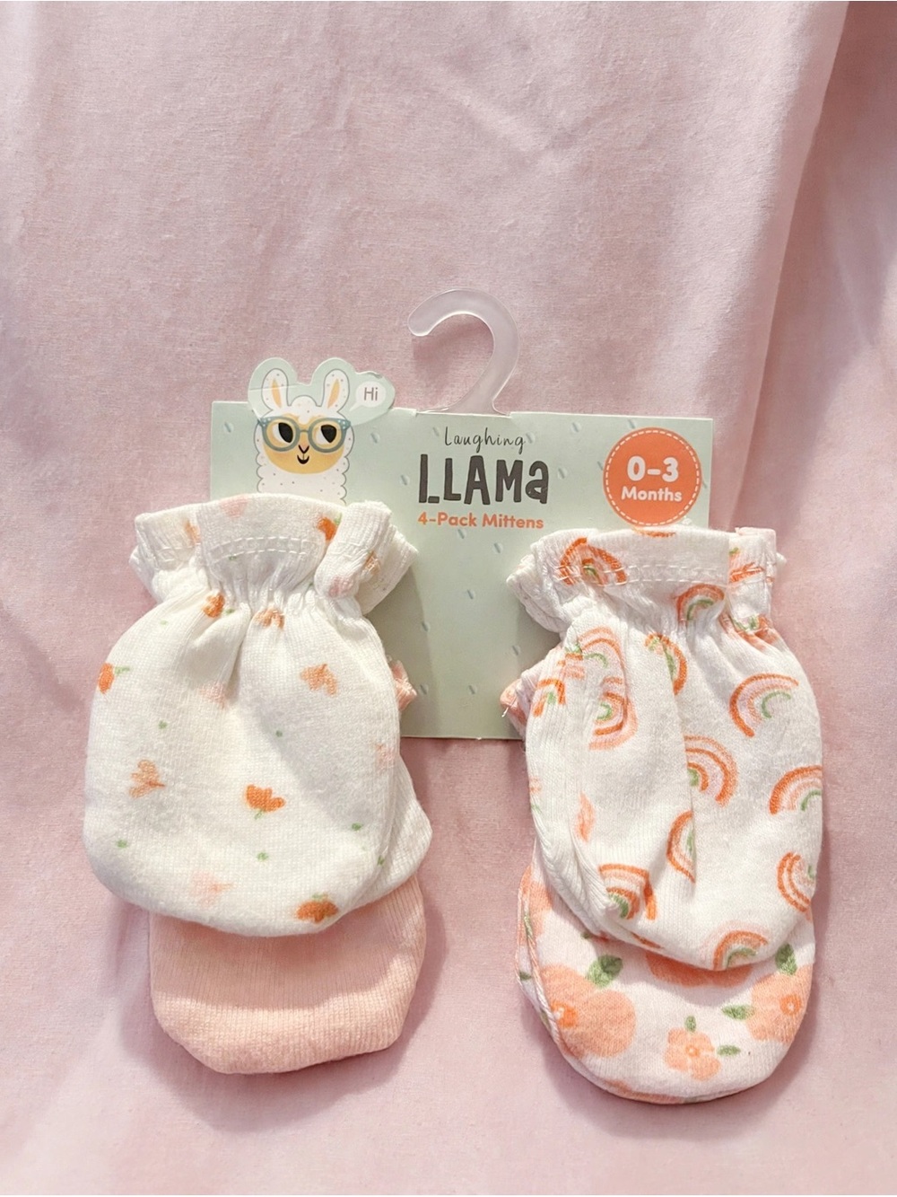 Laughing Llama Baby Mittens - Pink & White 4-Pack